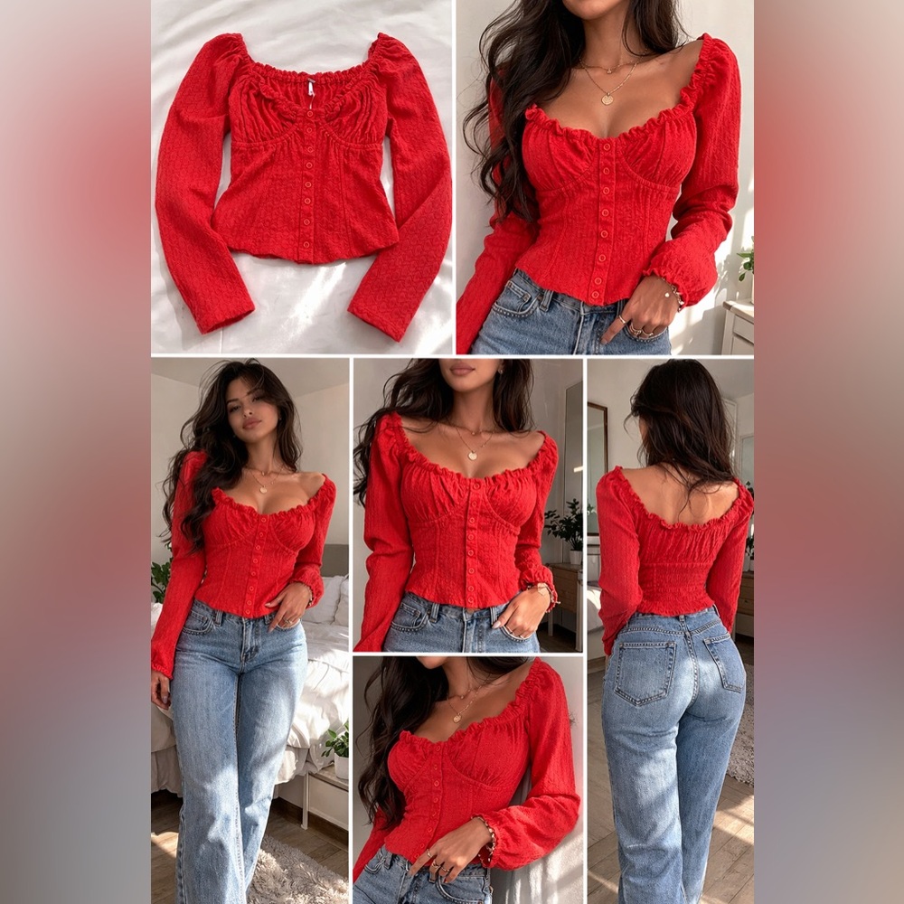 Large Pheasant crop top Lady bug red/orange button down long sleeve Free people